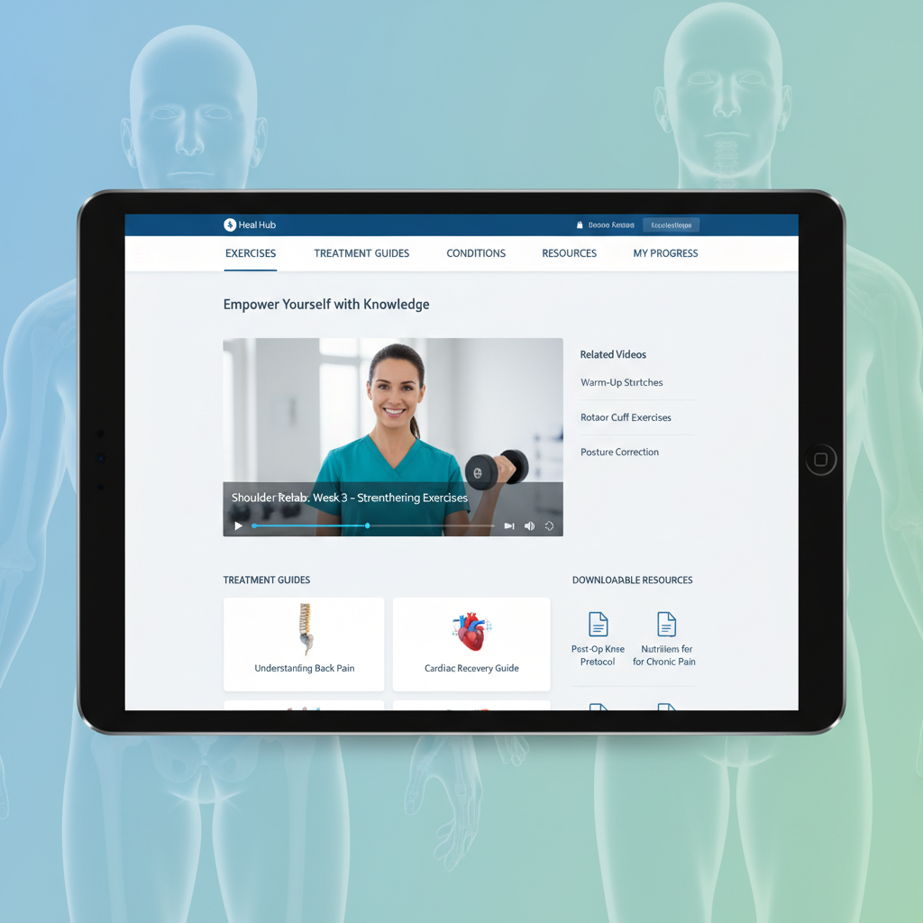 patient education content showing exercise videos and treatment guides