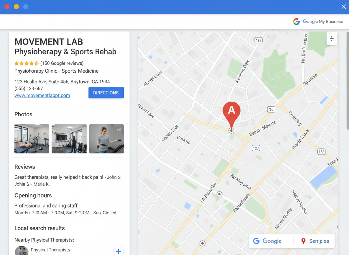 local SEO showing Google Maps listing for physiotherapy clinic