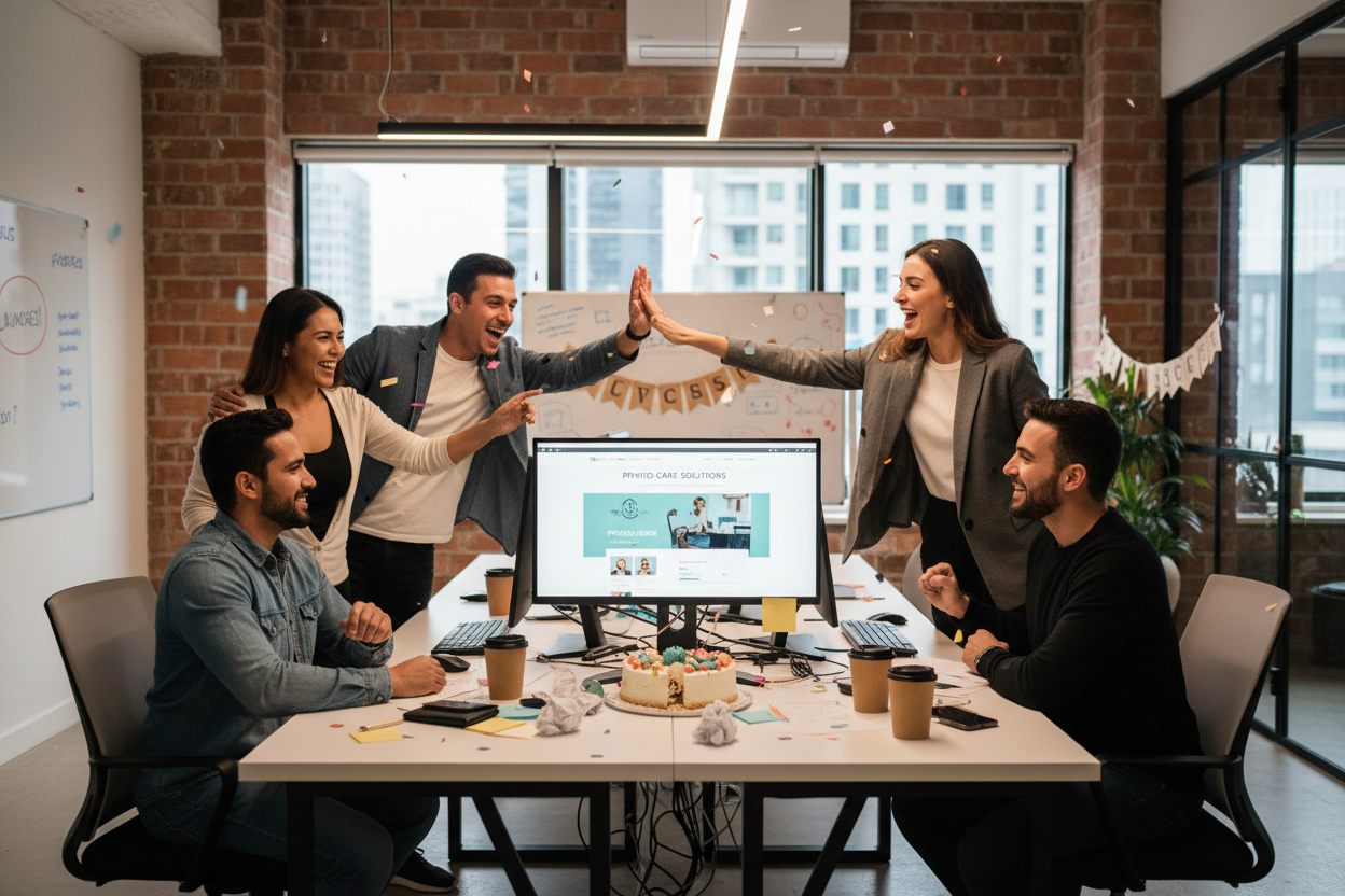 physiotherapy website development team celebrating successful project launch