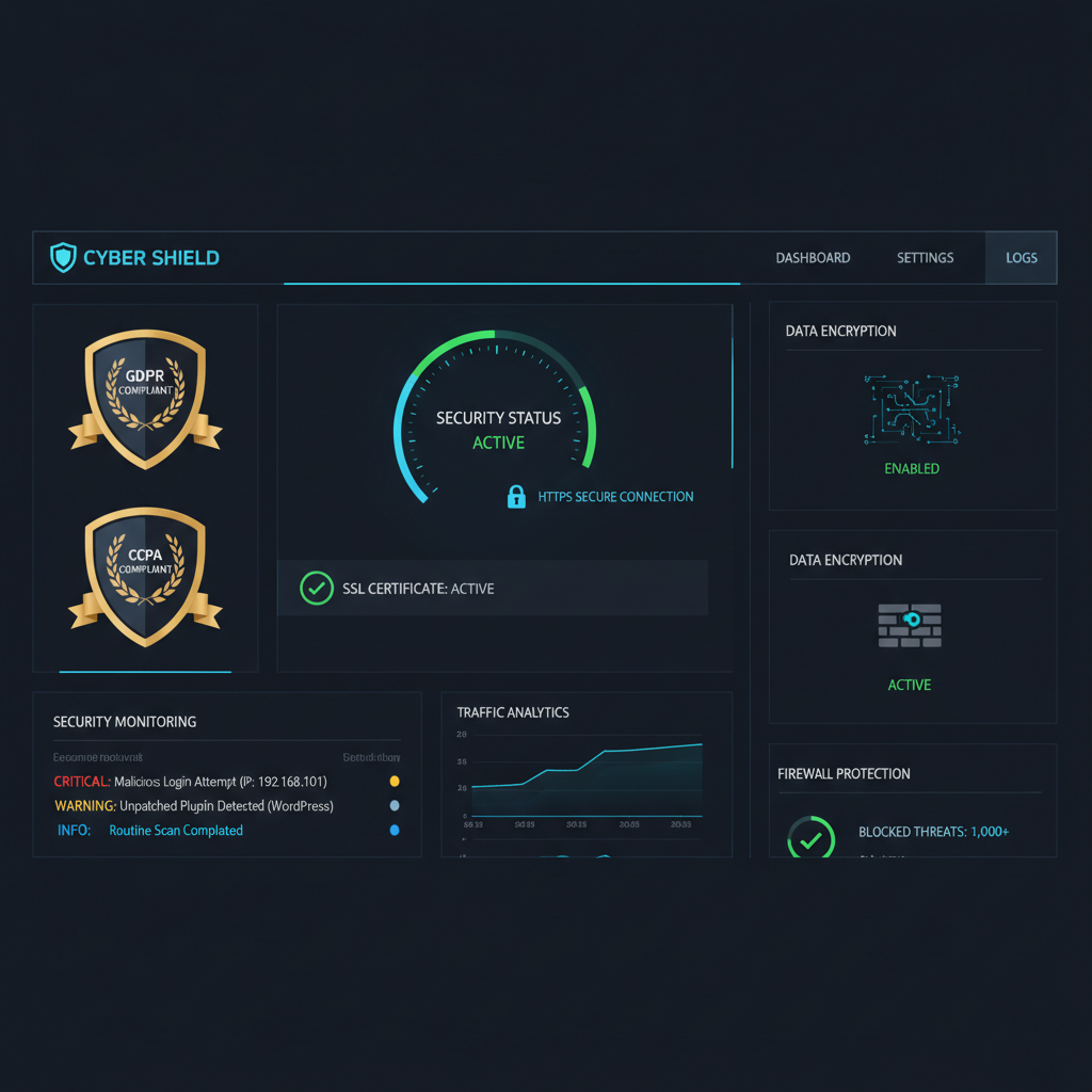 website security features showing SSL certificate and data protection