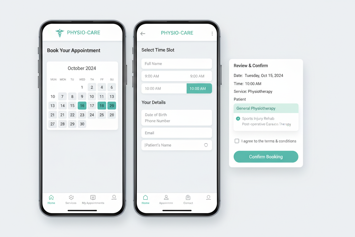 website design showing appointment booking system for physiotherapy practice