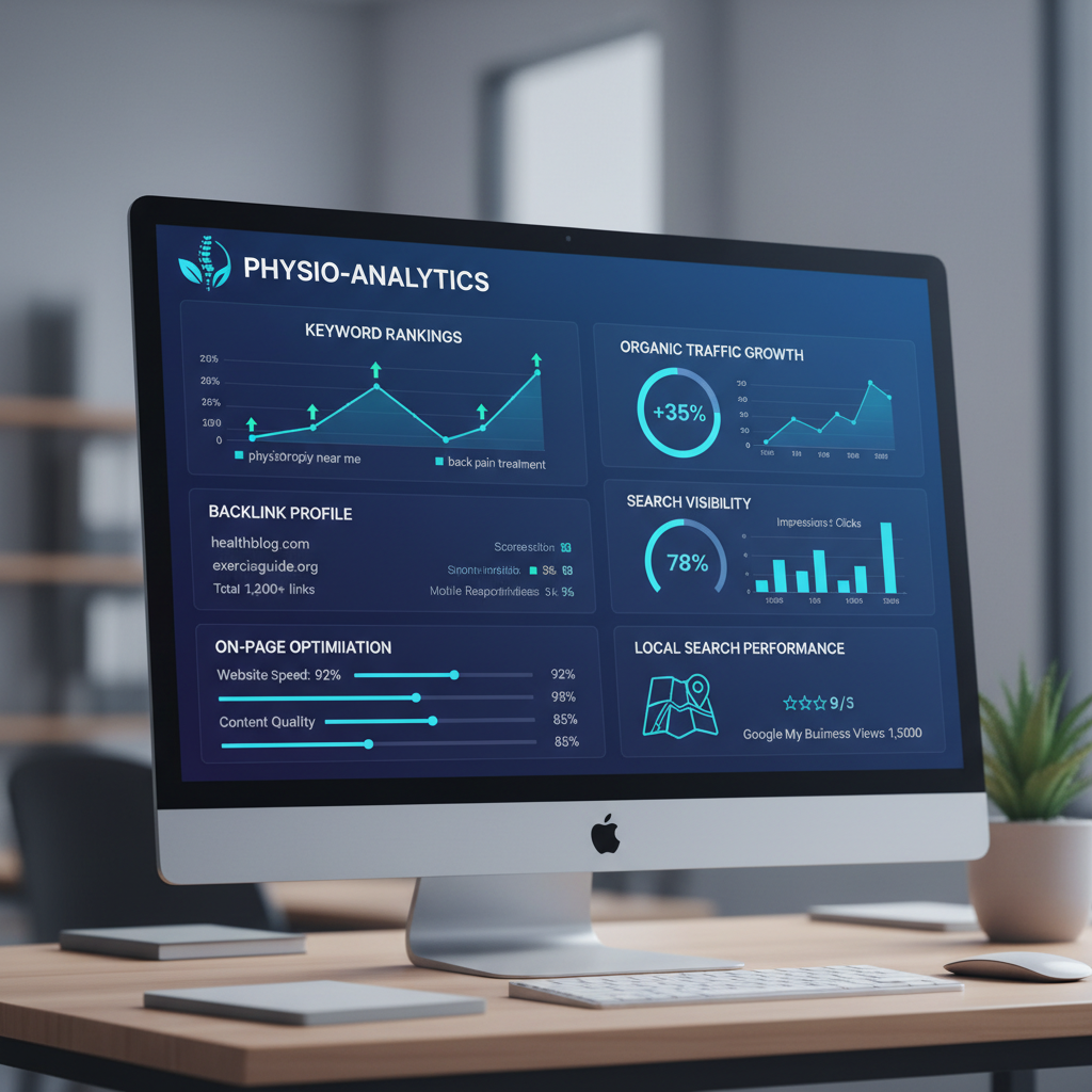 SEO optimisation dashboard showing search rankings for physio keywords